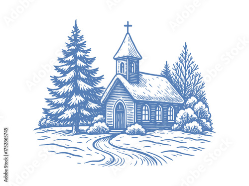 Winter church in snowy forest vintage engraving vector illustration
