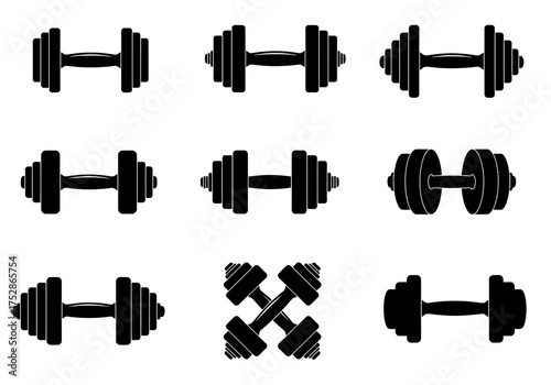Dumbbell silhouettes set isolated on white background vector illustration