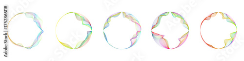 Set of abstract circles lines wavy in round frame colorful rainbow isolated on white background with empty space for text. Concept of music, technology, ai and artificial intelligence