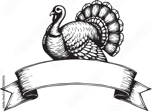 An artful depiction of a turkey on a decorative ribbon, perfect for conveying a sense of rustic charm and harvest spirit. 