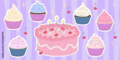 Set of cute dessert stickers with cupcakes and cakes. Sweet colorful vector collection perfect for decoration, packaging, or digital design.