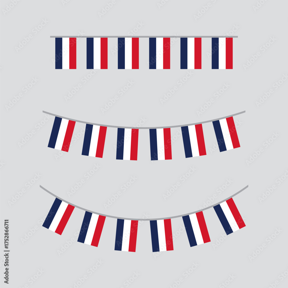 Fototapeta premium Seamless Blue, white and red colored, as the colors of the national flag of France party bunting border. Flat design illustration. 