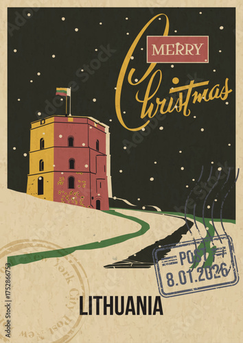Merry Christmas Lithuania Tourist Attraction Greeting Card, Gediminas Castle Tower Illustration. Vector Template Retro Style Postcard. Postal Imprint, Aged Paper Texture, Snow