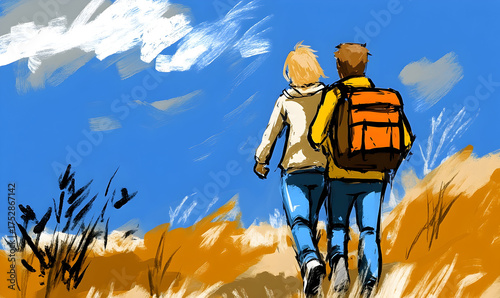 Painted Couple Hiking Through Golden Grass Under a Bright Blue S