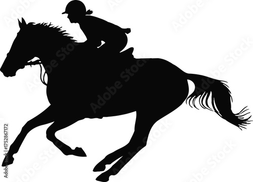 Silhouette of a jockey riding a horse in full gallop, capturing the dynamic movement and speed of equestrian sport.