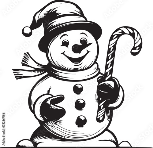 A charming snowman figure, adorned with a festive hat and scarf, joyfully clutching a candy cane, evoking a sense of winter cheer.