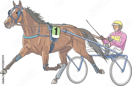 Thoroughbred horse and jockey in harness race, moving with speed and power.