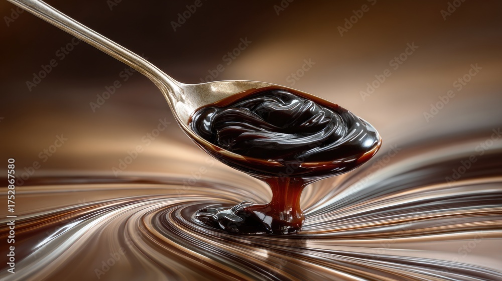 Fototapeta premium Rich and Glossy Chocolate Sauce on a Silver Spoon against Swirling Background