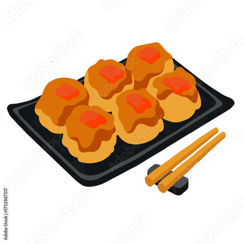 An isometric illustration depicting six pieces of delicious Chinese Shumai or Siomay (steamed dumplings) served on a square black plate. The dumplings are topped with a savory orange sauce or chili oi