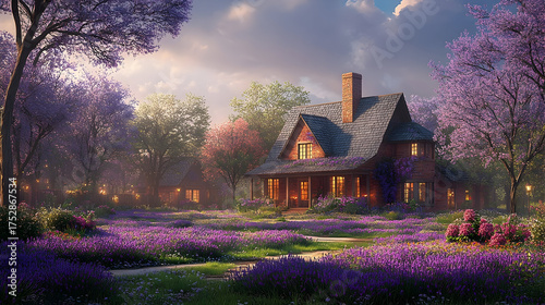 Charming house in lavender field warm sunset light digital painting