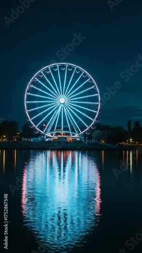 Colorful Ferris wheel illuminated at night reflecting in calm water with surrounding trees
