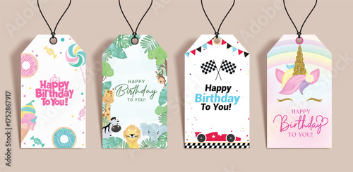 Birthday gift tags vector set design. Happy birthday greeting text in gift party tag collection with donut, jungle, cars and unicorn theme template. Vector illustration invitation card design.