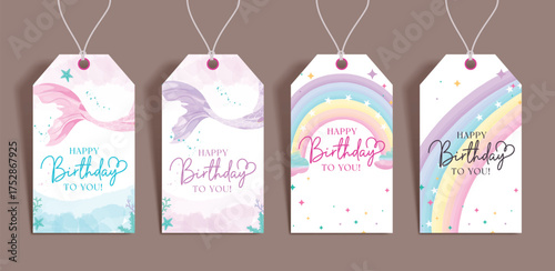 Birthday gift tags vector set design. Happy birthday greeting text with mermaid, rainbow, fantasy and magical theme gift tags hanging collection. Vector illustration invitation card template.