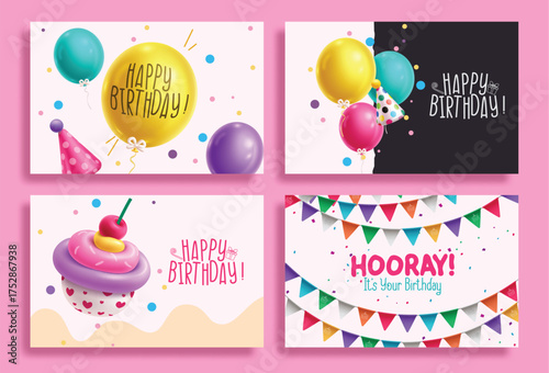 Birthday invitation card vector banner set design. Happy birthday greeting text with inflatable balloons, cupcake and pennants streamers decoration. Vector illustration cards banners collection.