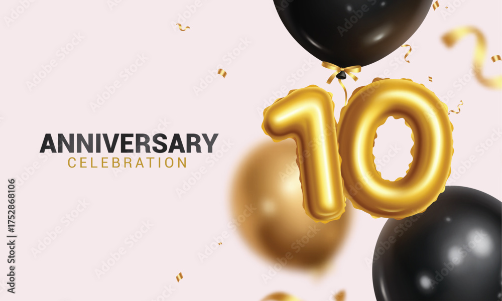 Naklejka premium 10th anniversary vector design. Happy anniversary celebration with gold number 10 and black balloons floating for party decoration background. Vector illustration tenth year design.