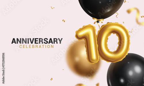 10th anniversary vector design. Happy anniversary celebration with gold number 10 and black balloons floating for party decoration background. Vector illustration tenth year design.