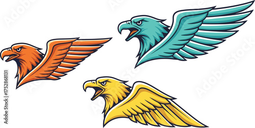 Three stylized mythical griffins in vibrant colors, powerful and majestic