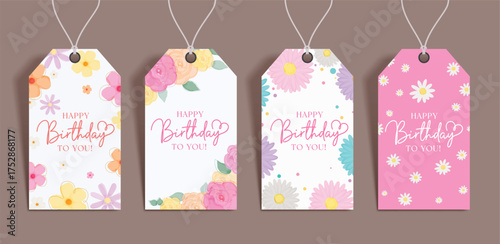 Birthday flowers gift tags vector set design. Happy birthday greeting text in hanging gift tags collection with flowers floral design. Vector illustration invitation card template.