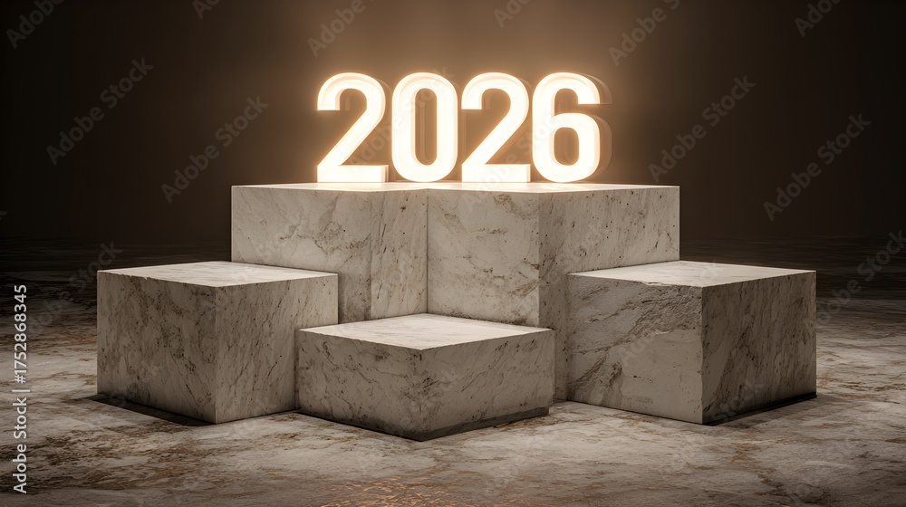 custom made wallpaper toronto digitalMinimalist 3D rendered marble podium with glowing “2026” numbers, elegant luxury New Year concept