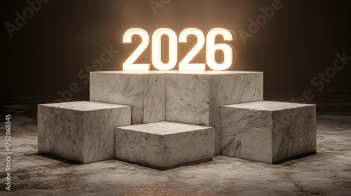 Wallpaper Mural Minimalist 3D rendered marble podium with glowing “2026” numbers, elegant luxury New Year concept Torontodigital.ca