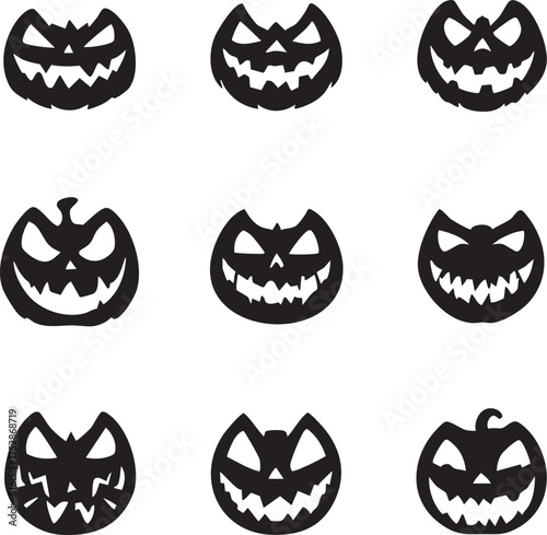 Jack-o'-Lantern Face Silhouettes – Halloween Pumpkin Expressions, Spooky Vector Icons