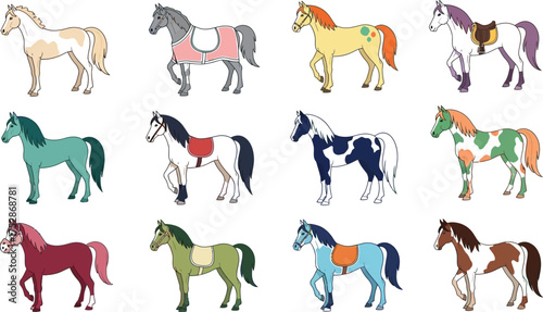 Collection of diverse cartoon horses in various colors and styles, showcasing equestrian variety