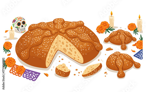 Delicious Pan de Muerto Traditional Day of the Dead Bread with Marigolds and Candles