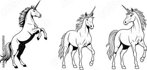 Majestic unicorns in dynamic poses, embodying fantasy and myth