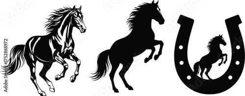 Majestic horses in motion and a lucky horseshoe symbol