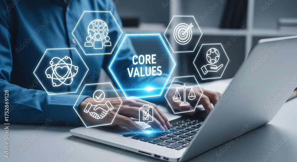 Fototapeta premium Business Core Values Holographic Icons Over Laptop — Corporate Concept