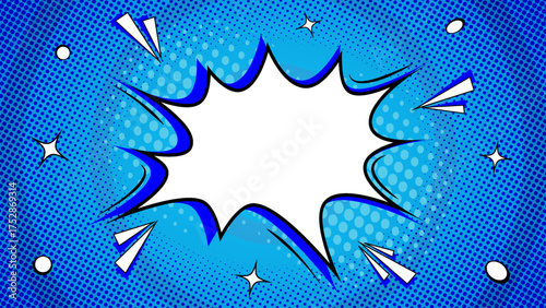 Pop art pattern. Comic background with speech bubble and halftone. blue cartoon retro starburst texture with dots effect. Vintage gradient banner. Funny superhero print.