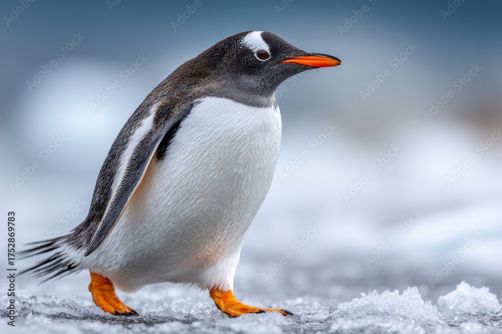 Fototapeta premium Gentoo Penguin on Antarctic Ice Floe A Stunning Close-Up of Wildlife in its Natural Habitat