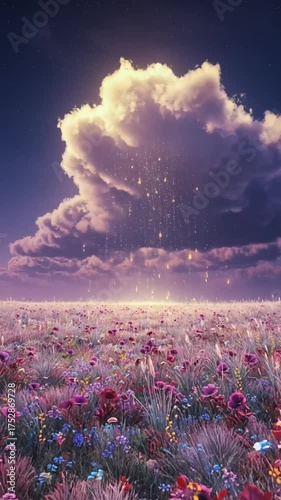 Colorful wildflower field under a dramatic cloudscape with shimmering rain in the background