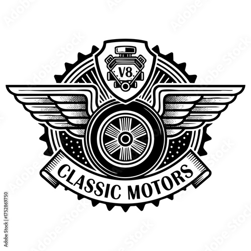 Classic Motors V8 Engine Wheel Emblem Engraving Vector Illustration
