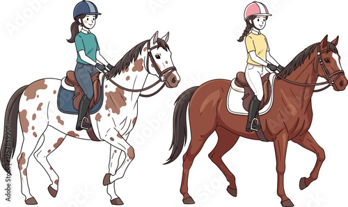 Two young girls in riding gear happily astride their horses, enjoying a sunny day outdoors.