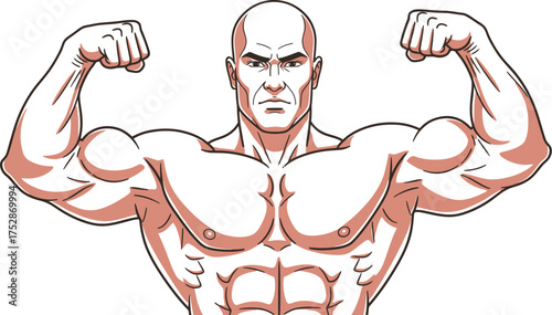 Powerful muscular man flexing biceps with determined expression, celebrating strength and fitness.