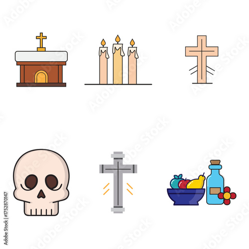 Collection of religious icons including an altar, candles, crosses, a skull, and a bowl of fruit.