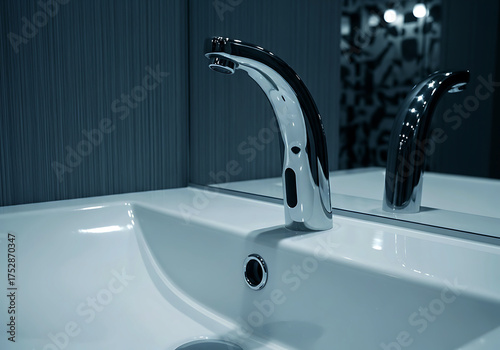 A modern bathroom sink with a sleek chrome touchless faucet and mirror