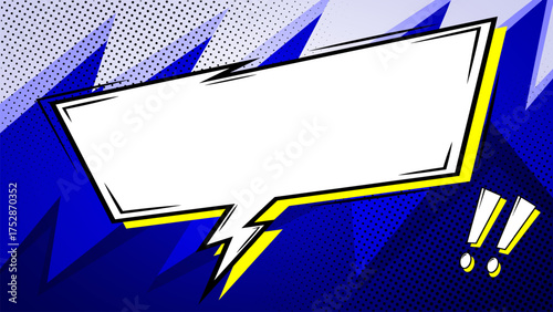 Bold blue comic background with a large white speech bubble, halftone dots, and dynamic lightning-style frame. Perfect for pop art messages, dialogue panels, announcements, and retro graphic designs.