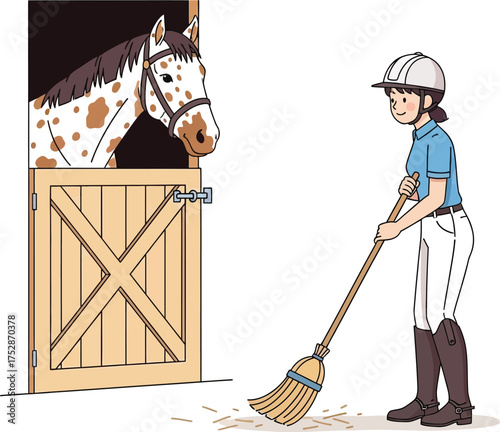 Equestrian caring for horse in stable, cleaning with broom