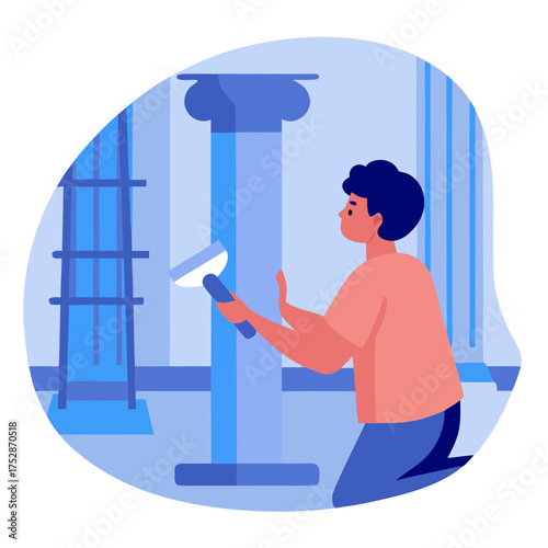 Man applying plaster to column while kneeling in home renovation  