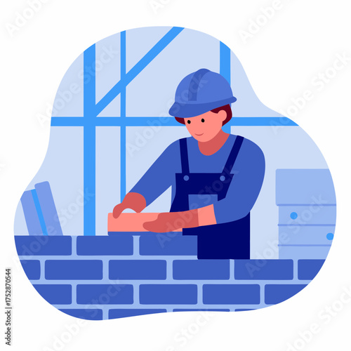 Construction worker laying bricks in a warehouse environment  