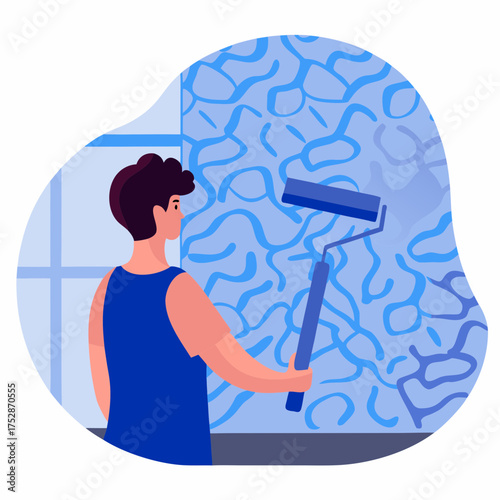 Man applying textured plaster with roller on wall indoors  