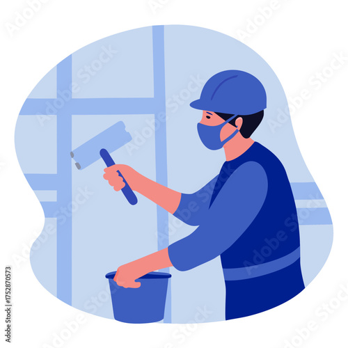 Male construction worker painting wall with roller and bucket  