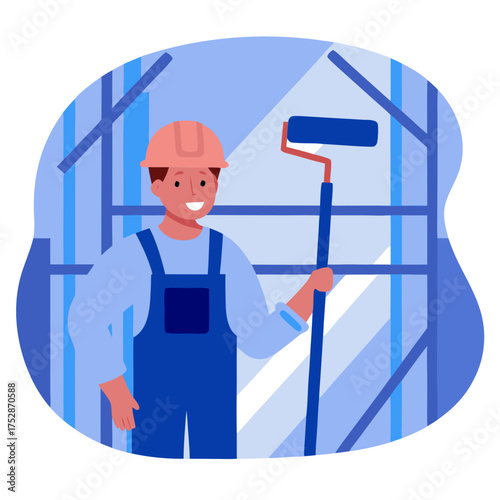 Smiling builder holding a paint roller in construction site background  