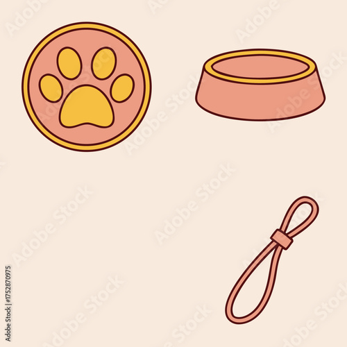 Flat vector illustration of pet care essentials with paw bowl and leash set