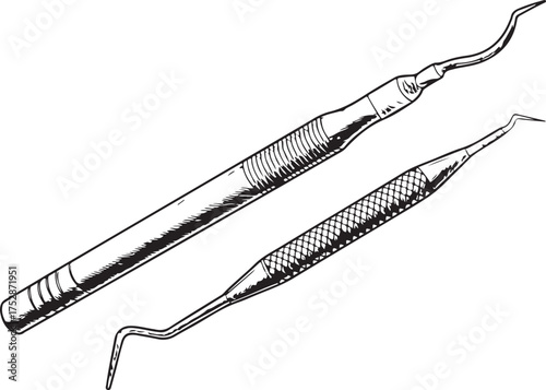 Collection of dental instruments vector illustration in engraving style isolated on transparent background concept for medical design