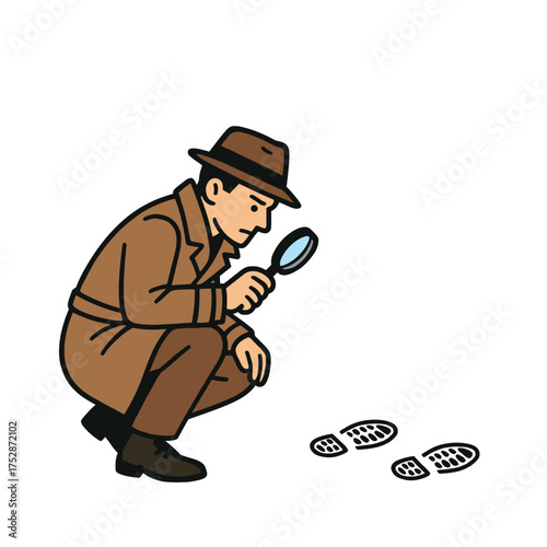 A simple vector illustration of a detective in a squatting pose observing shoe prints at a crime scene marked