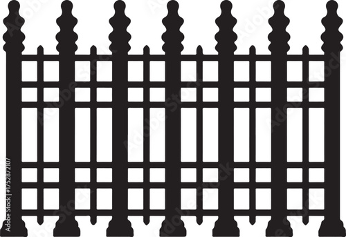 Black wrought iron fence in simple line design isolated on transparent background great for decorating secure areas and properties