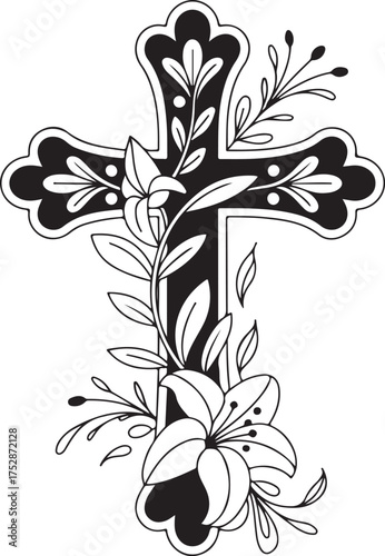 Cross with flowers elegant vector line art in black color isolated on transparent background perfect for religious art and illustrations